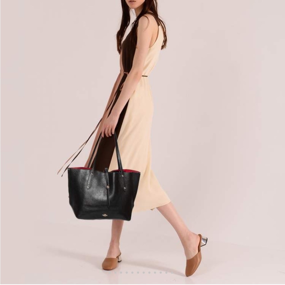 Coach Market Tote in Black Polished Pebbled Leather with Red Leather Interior